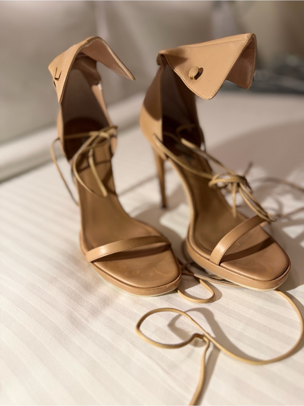 Calvin Klein - Nude Lace-Up Strappy Stiletto Heels | Open Toe Ankle Wrap Sandals
